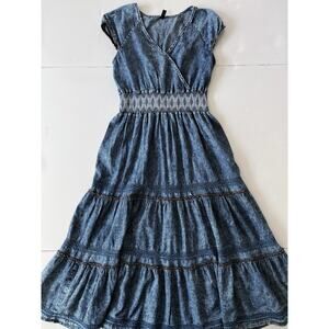 Lapis Chambrey Maxi Dress S Blue Tiered Ruffled Western Cowgirl Embroidered